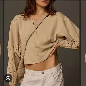 Anthropologie Pilcro Batwing Sleeve Eyelet Cropped Top In Tan